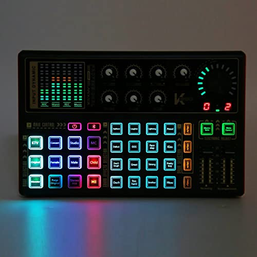 Sound-Mixer-Board mit Bunten Lichtern, Live-Soundkarte und Audio-Interface mit DJ-Mixer-Effekten und Sprachwechsler, Podcast-Produktionsstudio-Ausrüstung für Musikaufnahmen,