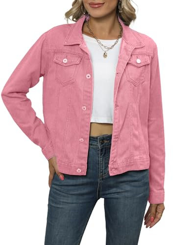 Byoauo Veste en jean courte légère pour femme avec poches, Rose, M
