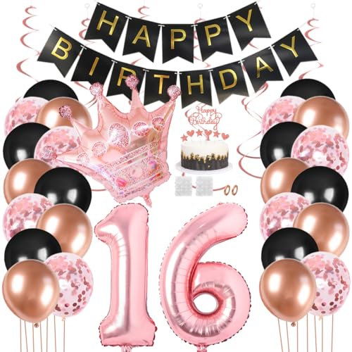 Juland 16. Geburtstag Deko Männer Frauen Schwarz Rose Gold Geburtstagsdeko Mädchen Junge Happy Birthday Banner 16 Jahre Geburtstag Nummer Folienballons Krone Konfetti Luftballons Tortenaufsatz