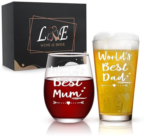 Joymaking Christmas Wine and Beer Glass Set for Dad and Mum - 17oz Glasses for Parents from Daughter and Son
