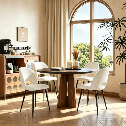 Chleby Stoffsessel Esszimmerstühle 4er Set, Gepolsterte Esszimmerstuhl | Küchenstuhl mit Gebogene Rückenlehne und Metallbeine, Ergonomische Rückenlehne, für Esszimmer, Schlafzimmer, Wohnzimmer, Weiß