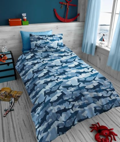 Lions Kids Shark Bedding Set, Soft 100% Microfibre Polyester, Single Bed Size Duvet Covers with Matching Pillow Case, Quilt Cover for Boys Girls, 137x200cm