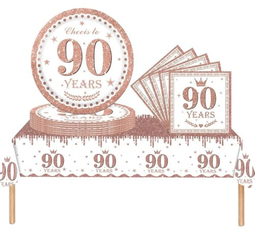 37pcs Rose Gold 90th Birthday Decorations for Women - Tablecloth, Paper Plates, Napkins for Party Table Decorations, Gifts for Her