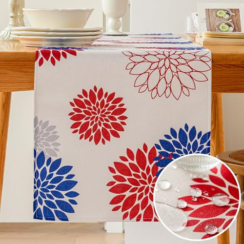 Vorysum Tischläufer Blumen Rot Blau Dahlien Tischläufer Modern Wasserabweisend Leinen,Dekoration Tischdecke Outdoor Sommer Garten für Hochzeit Esszimmer Party Urlaub Dekor 33 x 183 cm