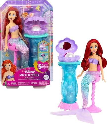 Mattel Disney-Princess-Spielzeuge, Schminkmuschel Meerjungfrau-Arielle-Modepuppe mit abnehmbarer Schwanzflosse, Schminktisch mit 5 wiederholbaren Pop-up-Überraschungen und 5 Accessoires, JBF86