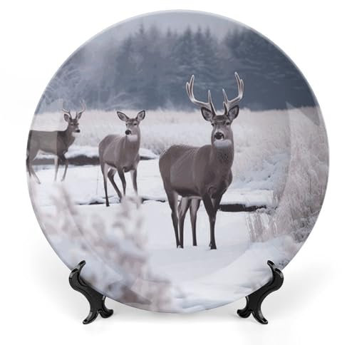 VFMKT Bone China Decorative Plate Deer on Frozen Wilderness Ceramic Decorative Plate with Display Stand Ceramic Wall Art Decor for Home Office Wall Decoration 7inch