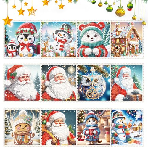 CutitiUU 12 Stück Diamond Art Weihnachtskarten,Weihnachten Diamant Malerei Grußkarte,5D DIY Diamond Painting Karten,14.5 x 14.5 CM Weihnachtskarten,Für Festivals Neujahr,DIY-Geschenk (A)