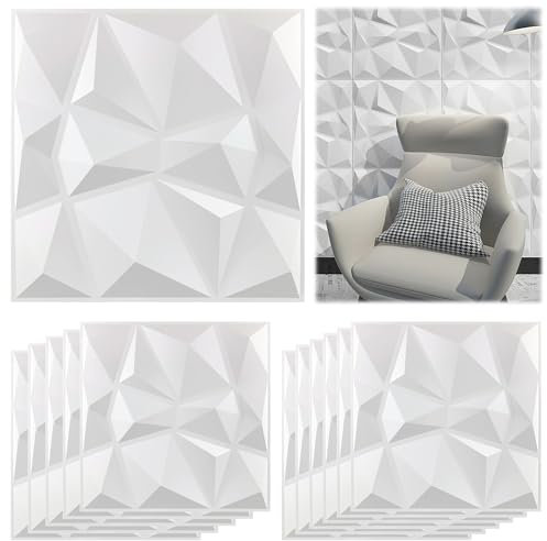 16 Stücke 3D Wall Panels, 30 × 30 cm Gaming Zimmer Wand Decke 3D Optik Diamant, PVC Paneele für Die Innen und Außendekoration Mattes Weiß, Nicht Verformbar, Wasserfest, Hitzebeständig, Geruchsneutral