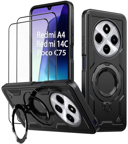 KANSi Coque pour Xiaomi Redmi 14C / Poco C75 avec Verre Trempé*2, Militaire Etui Antichoc Housse avec Téléphone avec Anneau et Support - Coques Noir