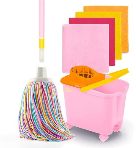 Happy Rainbow - Fregona con Palo Plegable, Cubo con Ruedas y 4 Bayetas de Microfibra Reciclada Set de Limpieza Sostenible para Hogar Suelos y Todo Tipo de Superficies