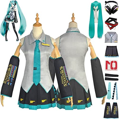 bbganlian Anime Vocaloid Miku Cosplay Kostüm Outfit Rollenspiel Uniform Komplettes Set Halloween Karneval Party Dress Up Anzug mit Perücke Kopfschmuck Kopfhörer für Frauen