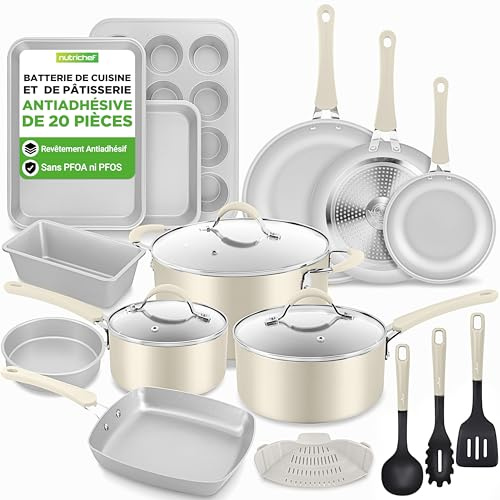 Nutrichef 20 Piece- Pots and Pans Set with Lids, Non-Stick Induction Cookware & Bakeware Set Frying Pans & Saucepans, Stay-Cool Handles, Easy Clean – White