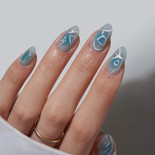 BTArtbox Press On Nails Short - Sparkly Blue Almond False Nails with Glue, Lamp-Curable Semi-Transparent Soft Gel Stick On Nails for Women in 16 Sizes - 32 Fake Nail Kit, Blue Mirage