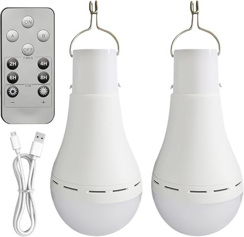 Bombilla recargable por USB: 2 bombillas LED con batería de 12 W con gancho y mando a distancia, 3 modos, funciona con pilas, lámpara de camping, luz de emergencia para apagones al aire libre o en