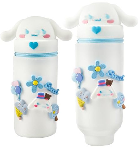 Dekewe Trousse Kawaii Cinnamo-Roll, Pot à Crayons Extensible avec Motif cylindrique, Trousse 2 en 1 en Silicone, Pot à Crayons Mignon pour l'école et Le Bureau, Cadeau pour étudiants et Ados