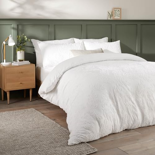Duvet Day Seville Leaf Duvet Cover Set – Tufted Soft Touch Leaf Design with Easy-Care Finish (White - Super King)