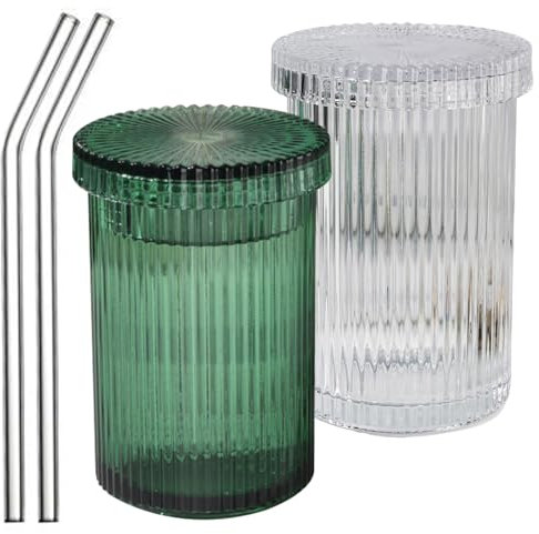 fkngcp Lunettes côtelées avec couvercles et pailles 2pcs verres cannelés vintage ensemble 400 ml
