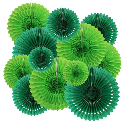 ZYOOO Hanging Paper Fans Party Decorations,12 Pcs Green Honeycomb Round Fans,Ceiling Decor for St. Patrick's Day,Birthday,Graduations Party Backdrop