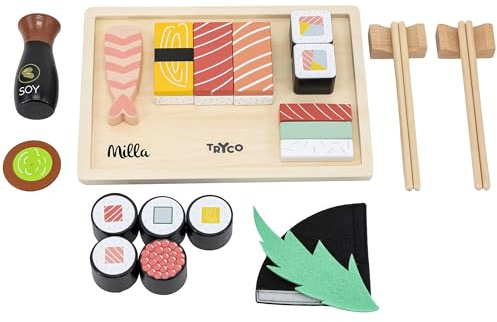 Personalisierbares Holz-Sushi-Set mit Spiellebensmitteln – fördert Rollenspiel & Feinmotorik – für Kinder ab 18 Monaten – mit Namen personalisiert – Tryco