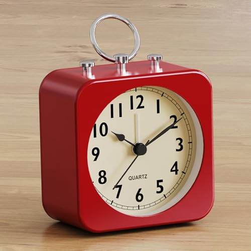 AYRELY® Battery Operated Analogue Alarm Clock, Small Square Retro Metal Table Clock with Light, Silent Non-Ticking Desk Clock for Bedroom, Bedside or Shelf (Round Red)
