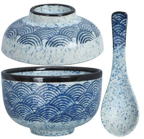 TOYANDONA Bol à Soupe Japonerie en Céramique avec Couvercle 2 Pièces Motif Vague Bol à Ramen Multifonction Cuisine Pratique Adapté Maison et Restaurant Design Japonerie Élégant