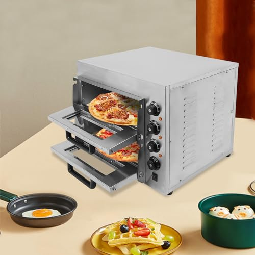 2 Etagen Kommerzieller Pizzaofen Brotbackofen, 3000W Backofen Elektrischer Pizza Oven, mit Timer (1-60 Minuten) und Temperaturbereich (50-350℃), für Pizza und Backwaren, 56.9x47,5x43.9 cm