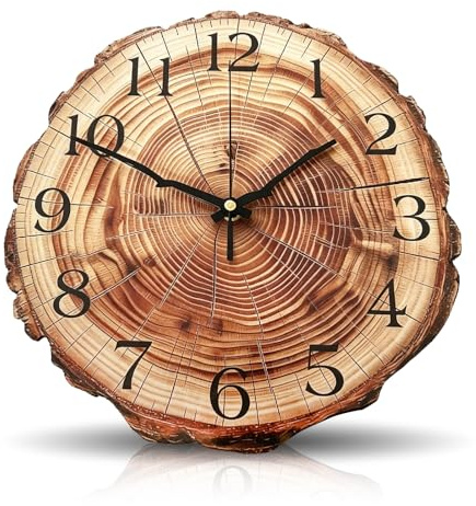 Umllpet 30 cm Year Ring Wall Clock Wooden Tree Stump Shape, Country House Style Wall Clock Silent No Ticking Noise, Vintage Wooden Wall Clock Modern Quartz Clock Battery Operated for Living Room