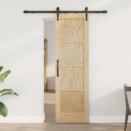 GeenYuu Porta scorrevole ORKDAL naturale, 61 x 198,5 cm, in legno di pino massiccio con elementi in acciaio verniciato a polvere, design salvaspazio, scorrevolezza silenziosa, ideale per interni e