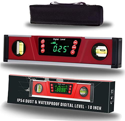 Nivel de torpedo digital de 10 pulgadas y transportador | Imanes de neodimio | Pantalla LED brillante | Base magnética de ranura en V | Nivel inteligente IP54 resistente al polvo y al agua con bolsa