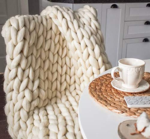MLMGUO Chunky Knit Blanket Hand Made Merino Wool Throw Boho Bedroom Sofa Home Decor Giant Yarn(Ivory White 40x60)