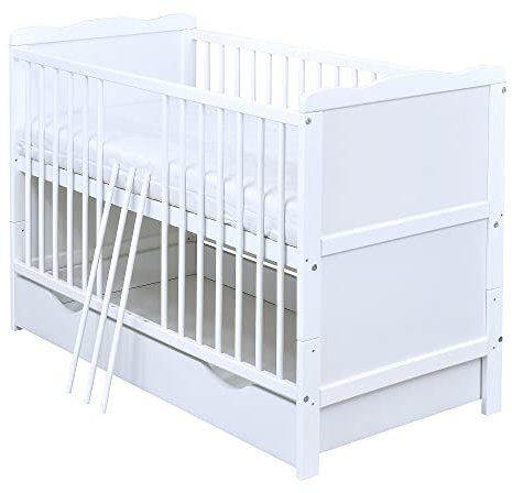 Baby Delux Babybett 60x120 cm weiß Kinderbett umbaubar zum Juniorbett Max mit Schublade und Matratze
