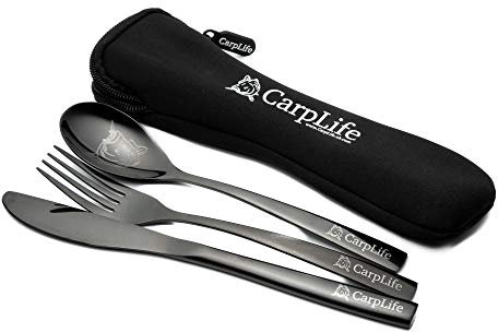 CarpLife Carp Fishing Cutlery - Black Stainless Steel Set - Etched Design