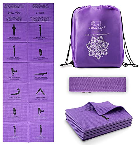 Faltbare Yogamatte für Frauen, rutschfeste Übungsmatte für Home Gym, Reise Yoga Set mit Stretch Strap für Yoga Pilates und Fitness, 173 x 61cm x 5mm dick (Lila)