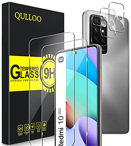 QULLOO Schutzfolie für Xiaomi Redmi 10 4G 2022/2021, 2 Stück Displayschutzfolie mit 2 Stück Kameraschutz [9H Härte Gehärtetes Glas ][HD Klar Schutzglas][Anti-Kratzen Folie]