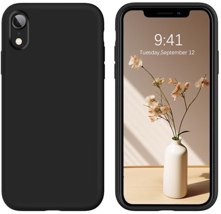 DOMAVER Coque Silicone pour iPhone XR Liquide, Protection Complète Antichoc Douce Doublure Microfibre, Noir Minuit