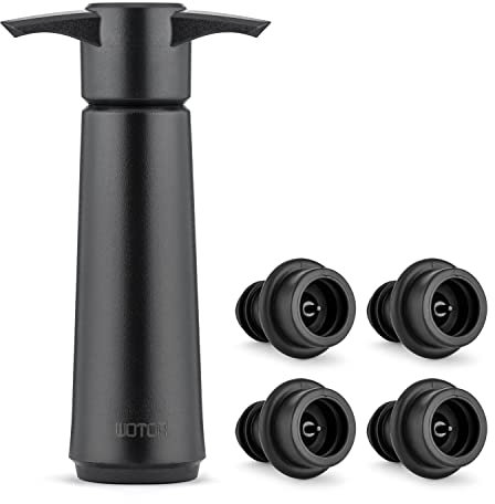 WOTOR Pompa Salvavino con 4 tappo vino sottovuoto, tappi bottiglie vino, accessori vino, Tappi Riutilizzabili Per Mantenere Il Vino Fresco (Nero)