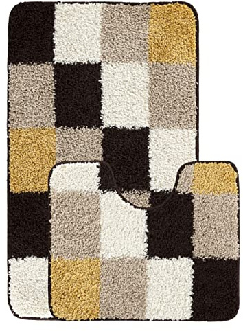 emmahome Luxurious Soft Shaggy Bath Mats Non-Slip Machine Washable 2 Piece Set Toilet Rug, Onato (Large - 60x100cm, Mustard/Beige/Cream/Brown)