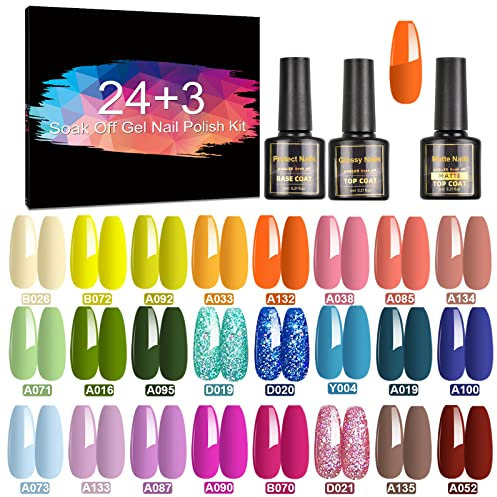 CHARMNAIL Vernis Semi Permanent, 27 PCS Vernis à Ongles Avec Base Coat, Glossy et Matte Top Coat, Soak Off UV LED Gel Manucure Kit 8ML