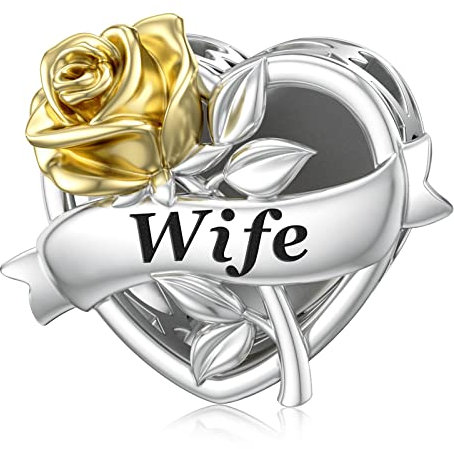 LANBEIDE Sterling Silver Wife Charms, Openwork Love Heart Gold Rose Wife Beads for Pandora Bracelet Necklace Present for Women