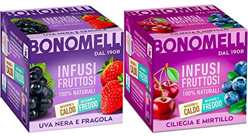 Bonomelli Infusi Fruttosi, Uva Nera e Fragola, Confezione da 12 Filtri, Infusione a Caldo e a Freddo & Infusi Fruttosi, Ciliegia e Mirtillo, Confezione da 12 Filtri, Gusto Dolce e Lievemente Acidulo