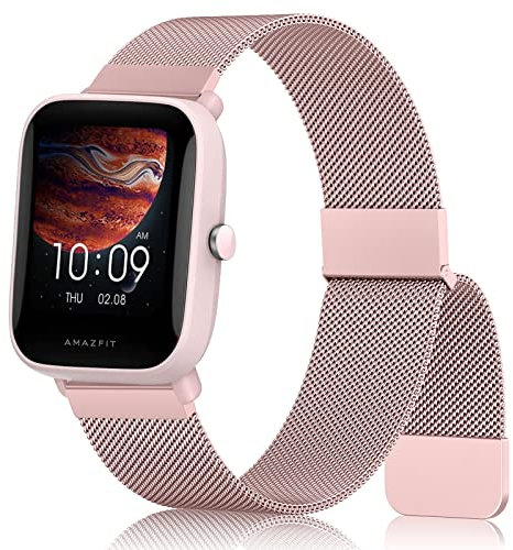 Cinturino Acciaio per Amazfit Bip U/Pro/3/S/S Lite, Metallo Magnete Loop per Donne e Uomini, Super Magnetico (Rosa)