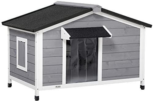 PawHut Casetta per Cani Taglia Piccola e Media in Legno di Abete, Design Rialzato con Tenda Protettiva, 2 Finestre e Fondo Rimovibile, 109x79x72 cm