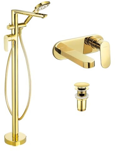 Lomadox Badezimmer Badewannen Set mit Waschbeckenarmatur in Gold DEANTE-30 mit Wannenarmatur, Waschbeckenarmatur und Ablaufventil