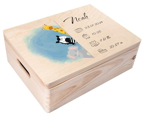 Creative Deco Erinnerungsbox Baby Personalisiert mit Namen - Tiere | Individuelle Erinnerungskiste Geschenk zur Geburt für Mädchen und Jungen | Holzkiste mit Deckel | Farbdruck