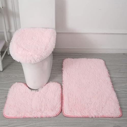 Labstandard Badteppich-Set 3-teilige rutschfeste rutschfeste Badematte U-förmiger Konturteppich und Toilettendeckel Waschbare Duschmatte Super Weich Badteppich Badezimmer Matte WC-Sitz Bezug (Pink)