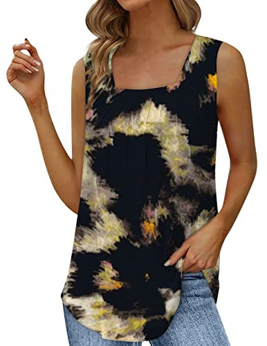 Azruma Tshirt Damen Oversize Bluse Damen Weiß Partner Tshirt Freizeit Drucken Plissee Quadratischem Kragen ÄRmelloses Tanktop Sommer Square Neck ÄRmellos Weste T-Shirts FüR MäDchen (Schwarz, S)