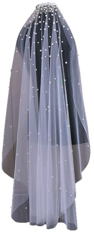 YouLaPan Frauen Brautschleier Perle Fingerspitze & Kathedrale Länge Hochzeit Schleier mit Kamm Spitze Trim Applique 1 Schicht, Gebrochenes Weiß 100 x 160 cm, Eingröße