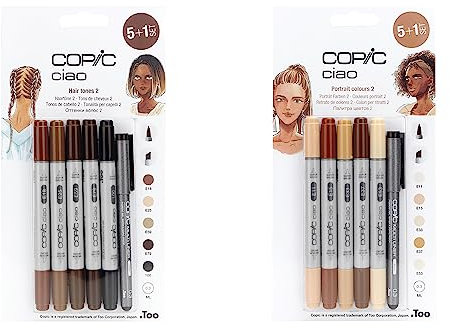 Copic Ciao Coloured Marker Pen - 5+1 Bundle, Portait & Hair Themed Sets 1, For Art & Crafts, Colouring, Graphics, Highlighter, Design, Anime, Professional & Beginners, Art Supplies, Colouring Books