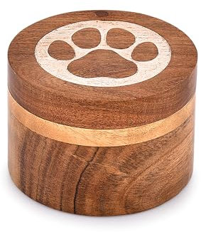 Samhita Dekorative Urnen aus Akazienholz, runde Form, weiße Pfoten-Design, Urne für Asche für Hunde, Haustierurnen für Katzen (8,89 cm x 8,89 cm x 6,35 cm)