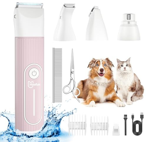 Hoofun 4 in 1 Leise Hundeschermaschine, IPX7 Wasserdicht Profi Schermaschine Hund Katze mit 4 Größen Trimmerkopf, Schnurlosen Elektrische Tierhaarschneidemaschine für Hunde Katzen Kaninchen(Rosa)